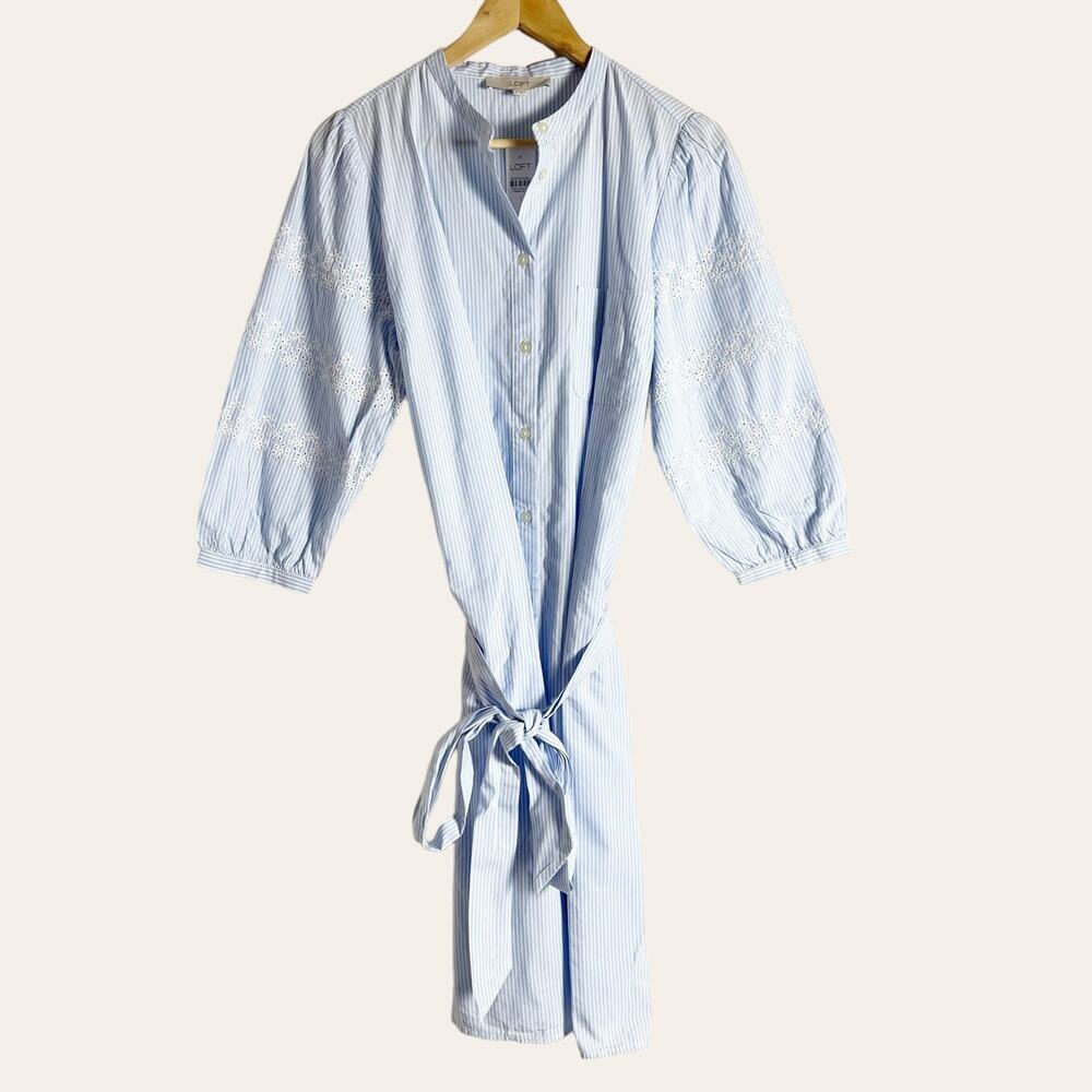 LOFT Blue Stripe Embroidered Eyelet Cotton Mini Shirtdress Size Large - Picture 5 of 15